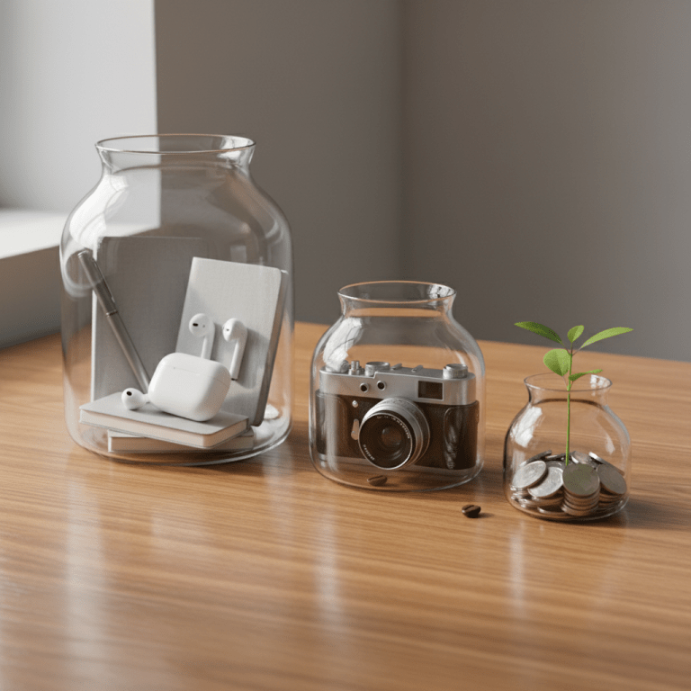 Representación visual del método financiero 50/30/20 mediante tres recipientes equilibrados que simbolizan necesidades, deseos y ahorro sobre un escritorio moderno.