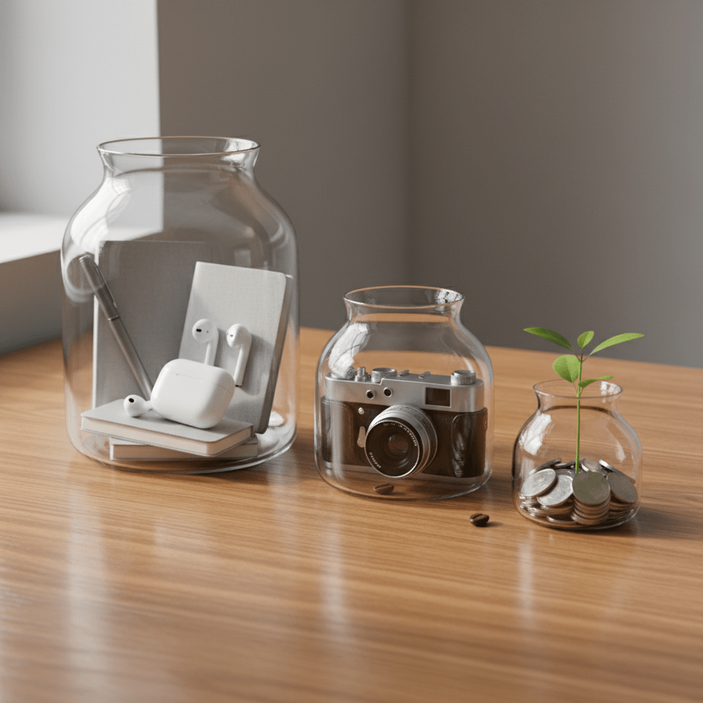 Representación visual del método financiero 50/30/20 mediante tres recipientes equilibrados que simbolizan necesidades, deseos y ahorro sobre un escritorio moderno.