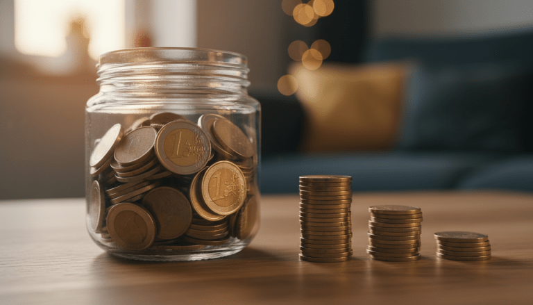 Frasco de cristal con monedas de euro y pilas de dinero creciendo para representar el reto de ahorro de las 52 semanas