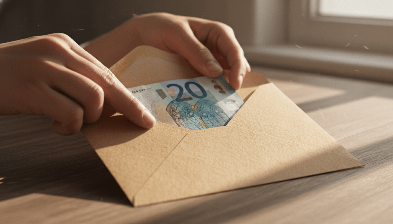 Manos organizando billetes de euro en sobres de papel para el método de ahorro físico y control de gastos.