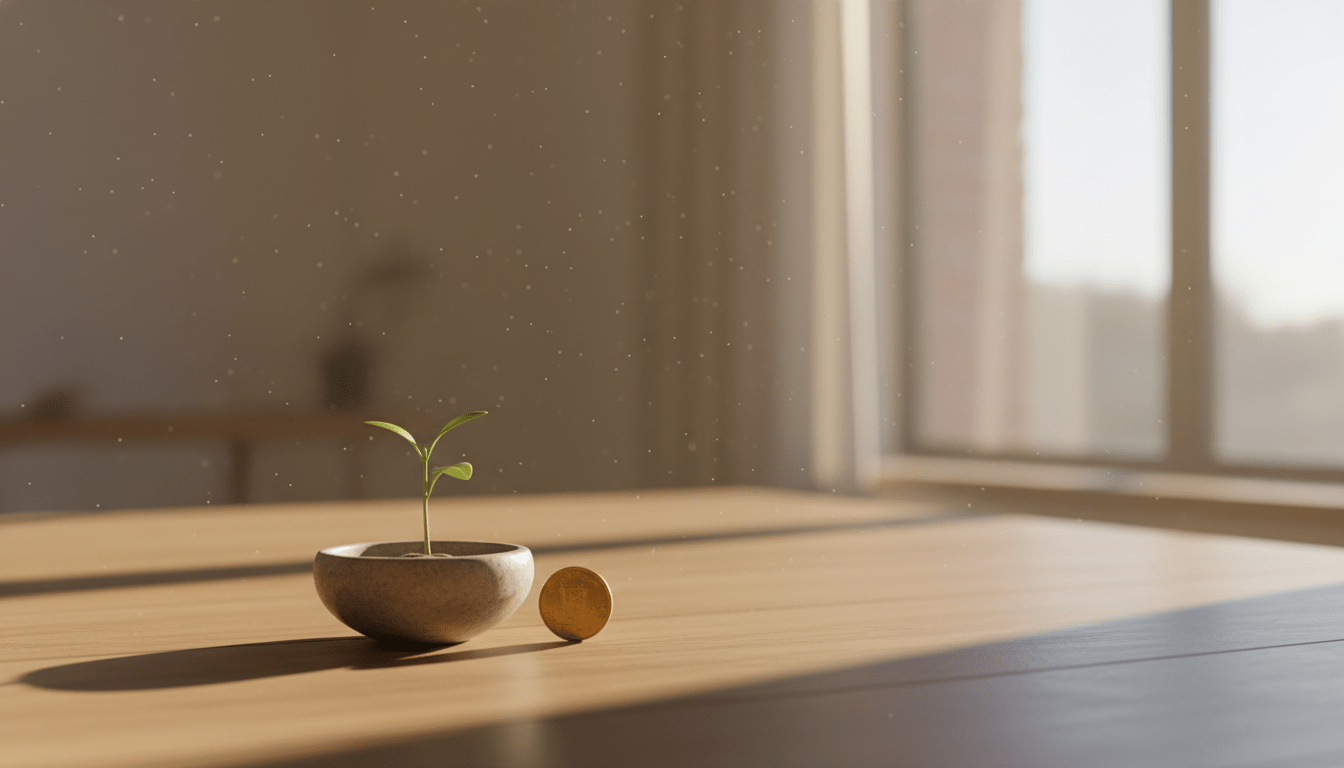 Minimalismo financiero representado por una planta creciendo junto a una moneda en un entorno despejado y luminoso