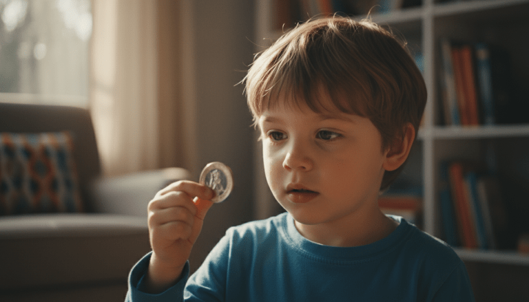 Niño pequeño examinando con curiosidad una moneda física para aprender el valor real del dinero y educación financiera infantil.