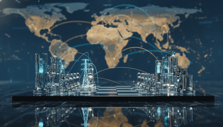 Infografía visual de la economía global multipolar 2025 con rutas comerciales tecnológicas y financieras.