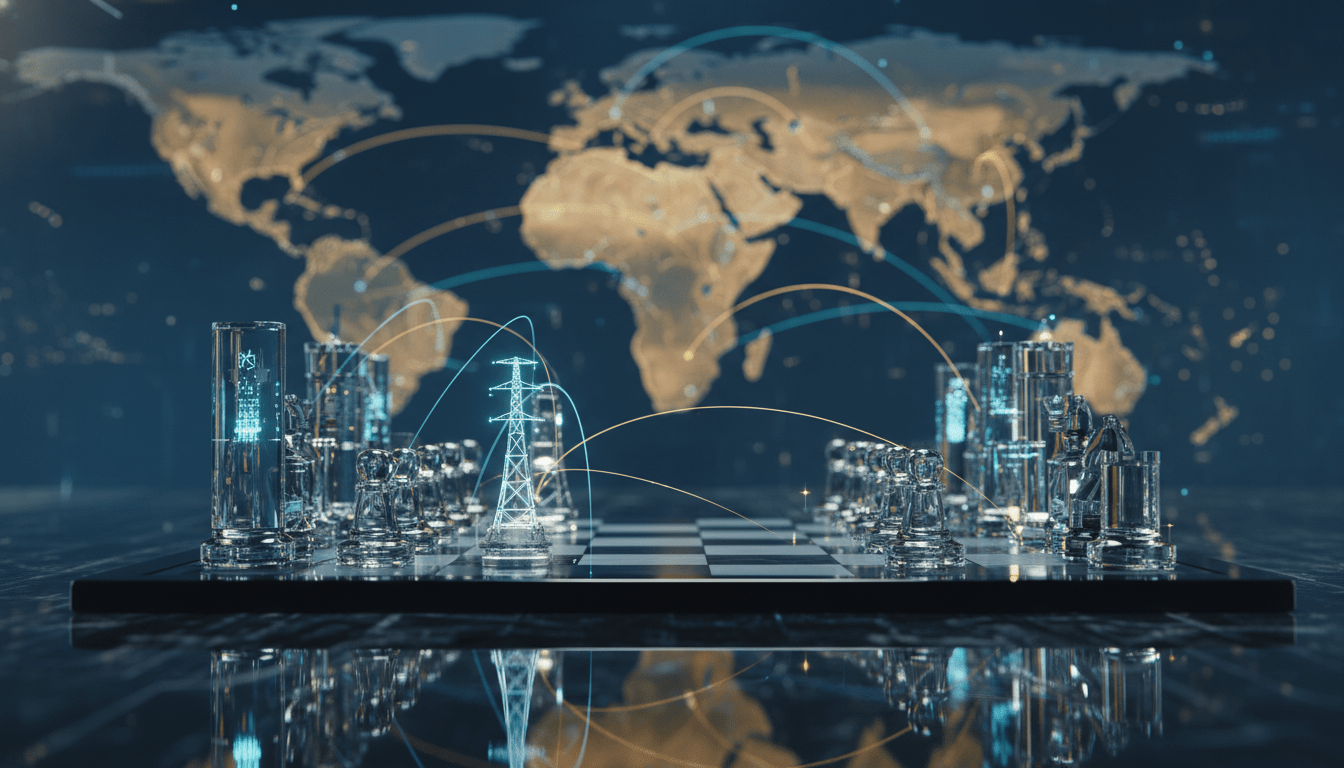 Infografía visual de la economía global multipolar 2025 con rutas comerciales tecnológicas y financieras.