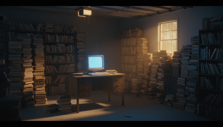 Representación artística del garaje de Jeff Bezos en 1994 lleno de libros y tecnología retro, simbolizando el origen de Amazon.