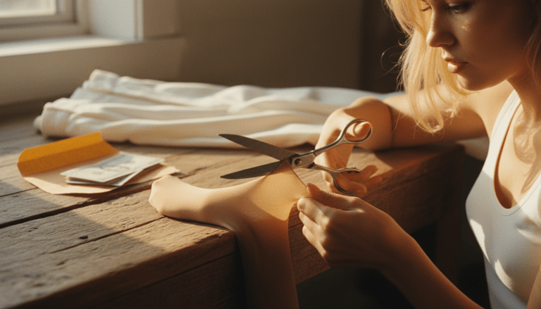 Mujer joven cortando los pies de unas medias de control para crear el primer prototipo de Spanx, concepto de emprendimiento femenino
