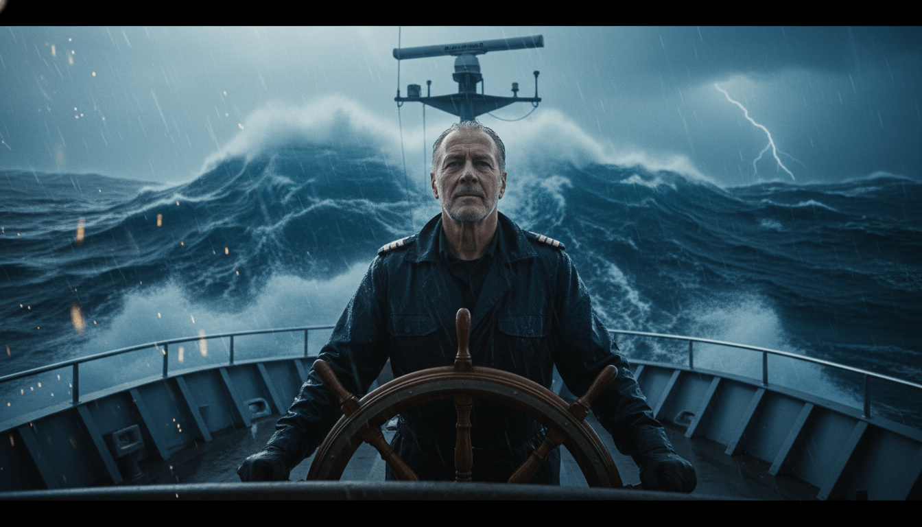 Metáfora visual del perfil de riesgo financiero: un capitán al mando de un barco resistente durante una tormenta oceánica.