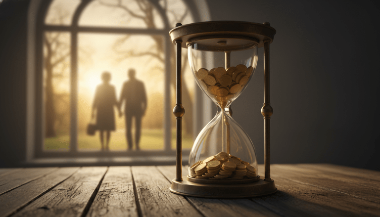 Reloj de arena con monedas de oro simbolizando el tiempo y el ahorro para la jubilación ante el cambio demográfico.