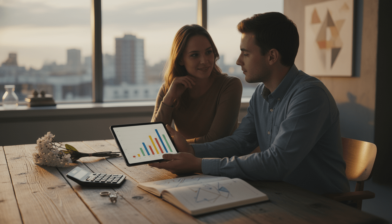 Pareja joven planificando el presupuesto de su boda y su futuro financiero en un salón moderno