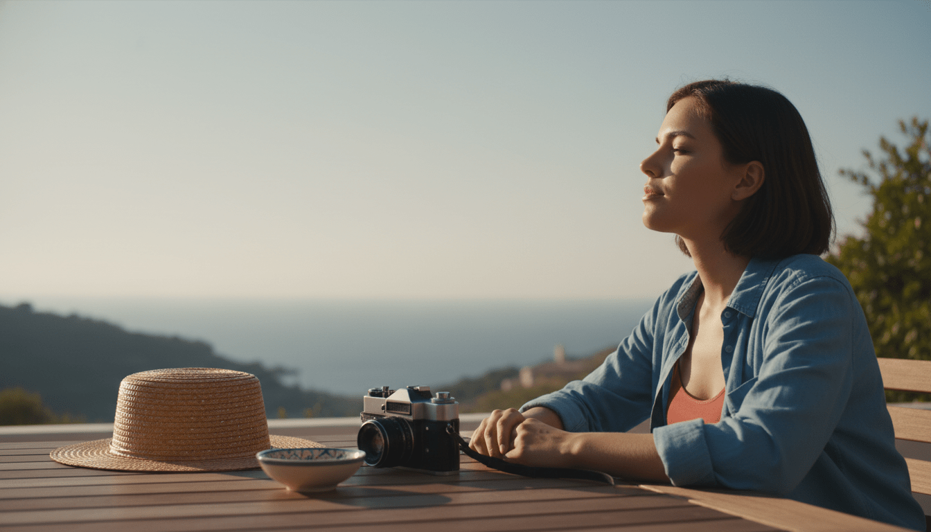 Viajero relajado frente al mar disfrutando de vacaciones sin deudas gracias a la planificación financiera