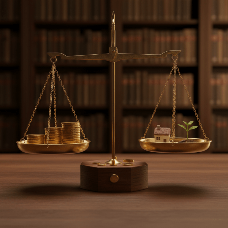 Balanza de precisión equilibrando monedas de oro y miniaturas de bienes domésticos sobre escritorio de madera, simbolizando el presupuesto base cero.