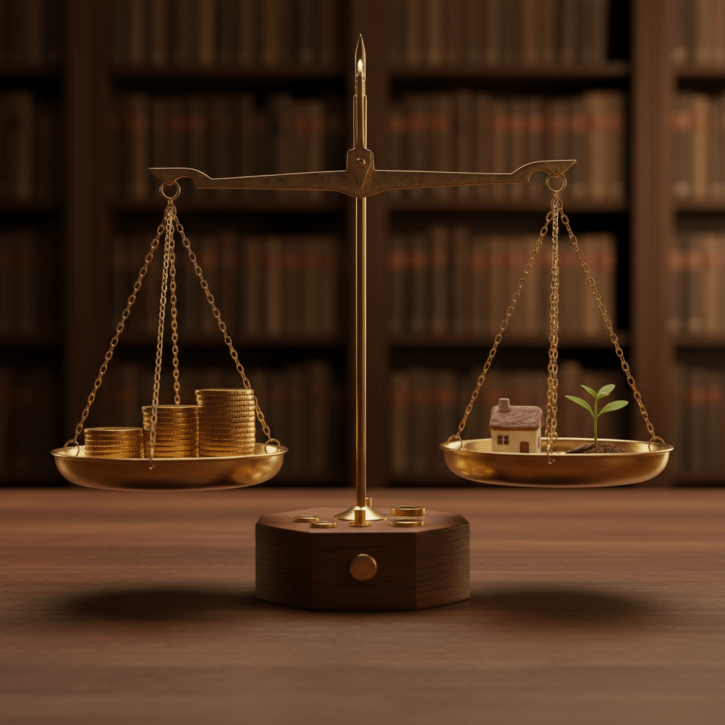 Balanza de precisión equilibrando monedas de oro y miniaturas de bienes domésticos sobre escritorio de madera, simbolizando el presupuesto base cero.