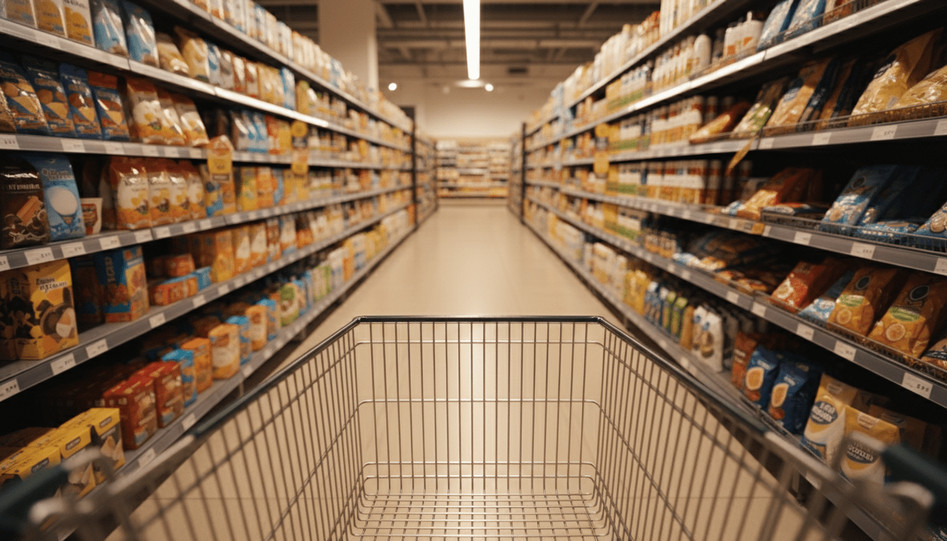 Pasillo de supermercado con estantes llenos y carrito vacío, representando la psicología del consumo y las tácticas de marketing en los puntos de venta.