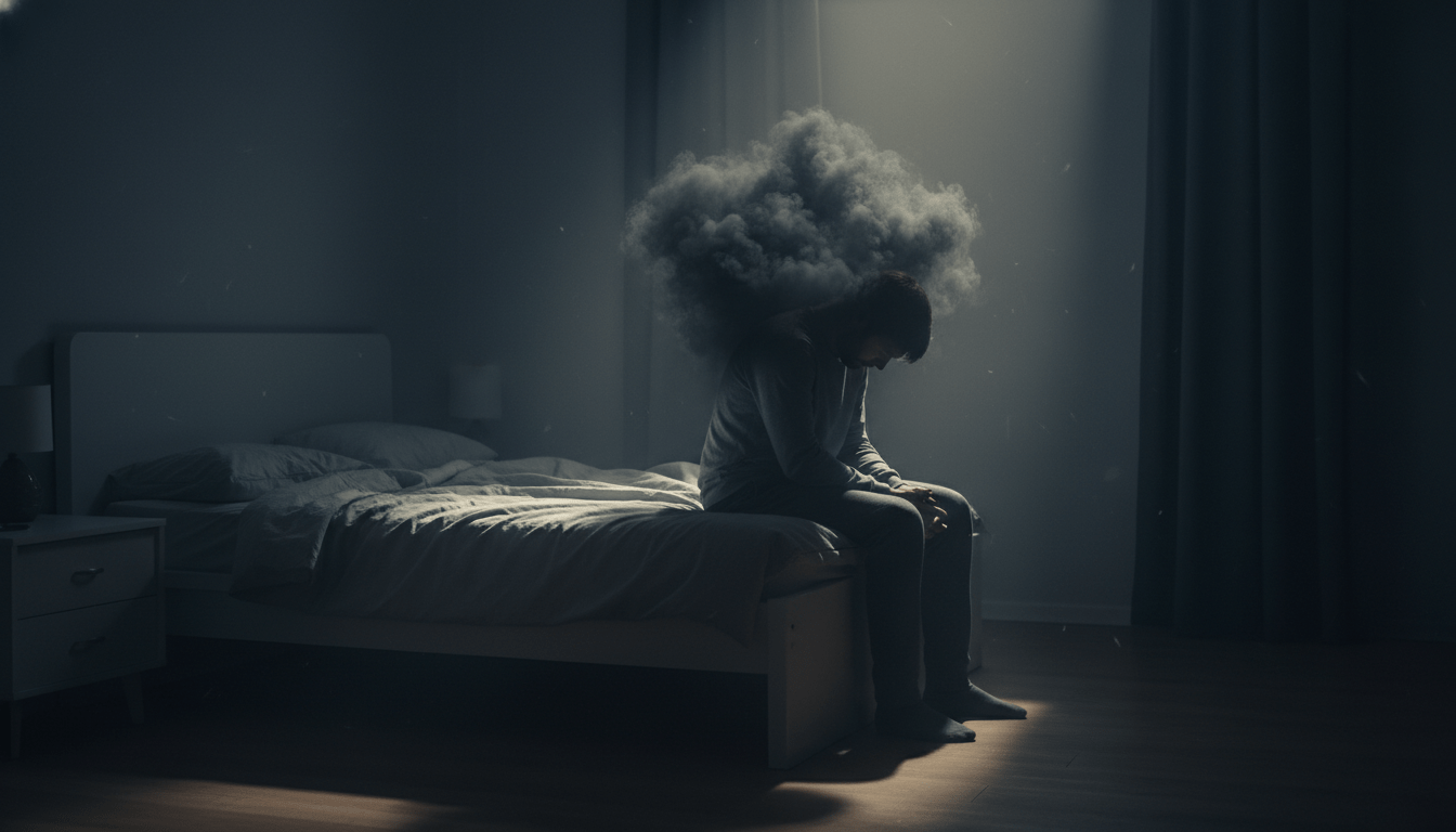 Persona con estrés financiero sintiendo el peso emocional de la deuda en una habitación oscura