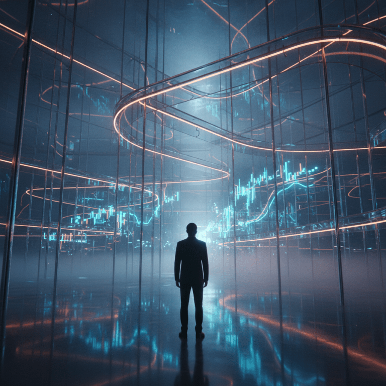 Persona frente a un laberinto de cristal y espejos que simboliza la psicología financiera y los sesgos cognitivos.