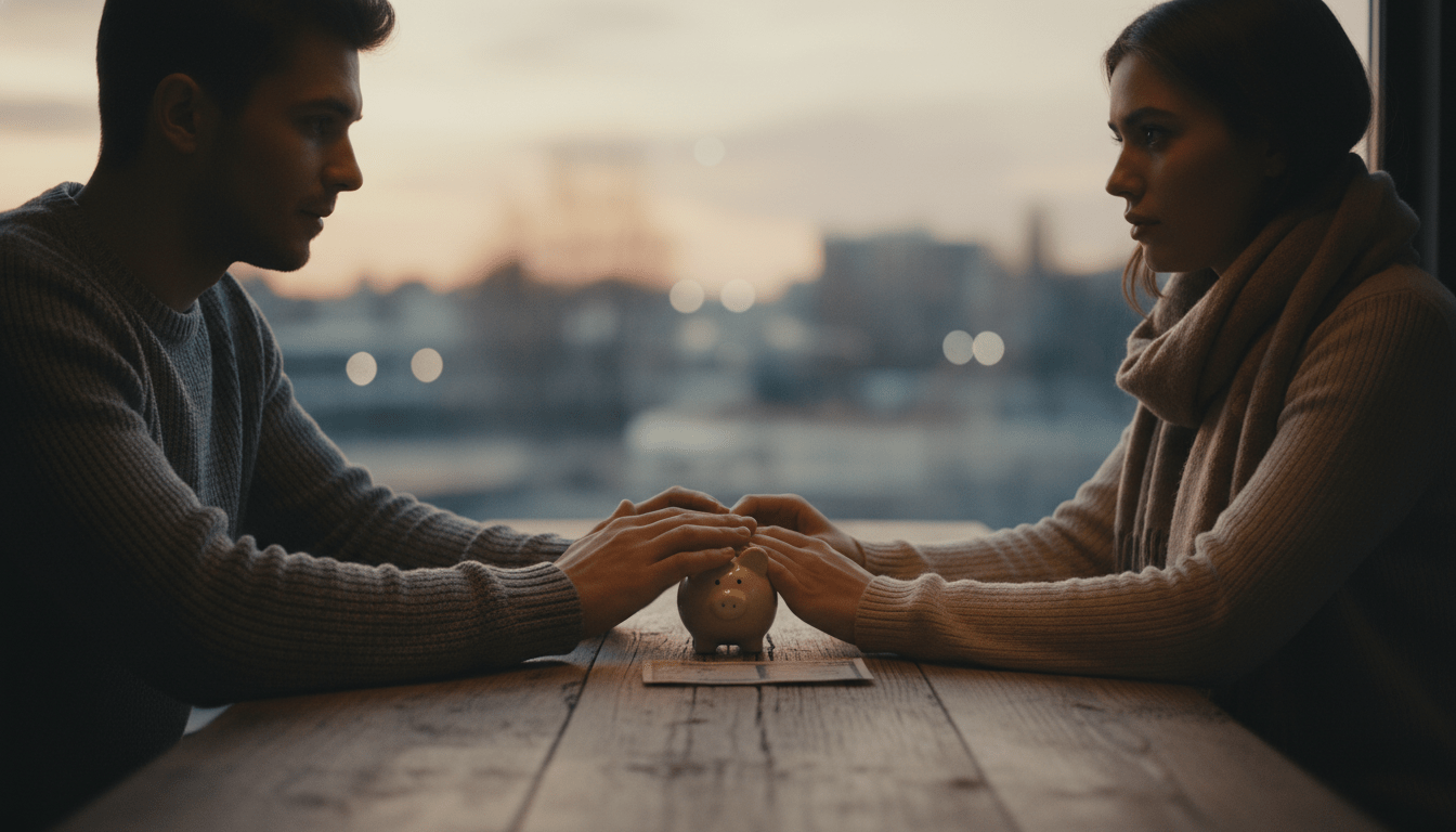 Pareja joven conversando seriamente sobre finanzas y psicología del dinero en una cafetería.