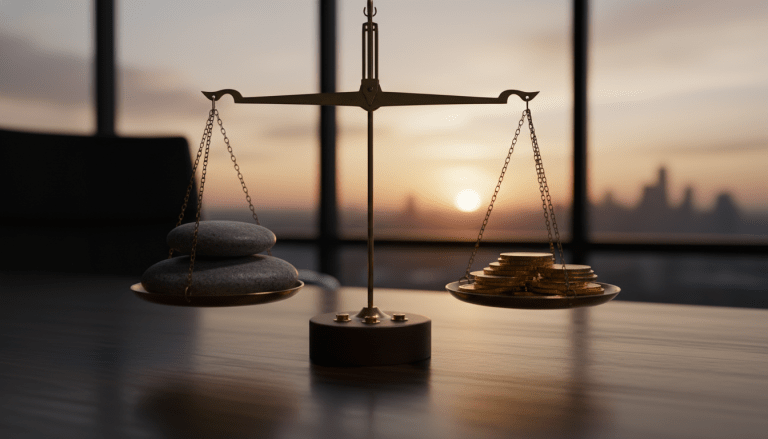 Balanza simbólica en una oficina moderna equilibrando piedras de deuda con monedas de oro bajo la luz del amanecer