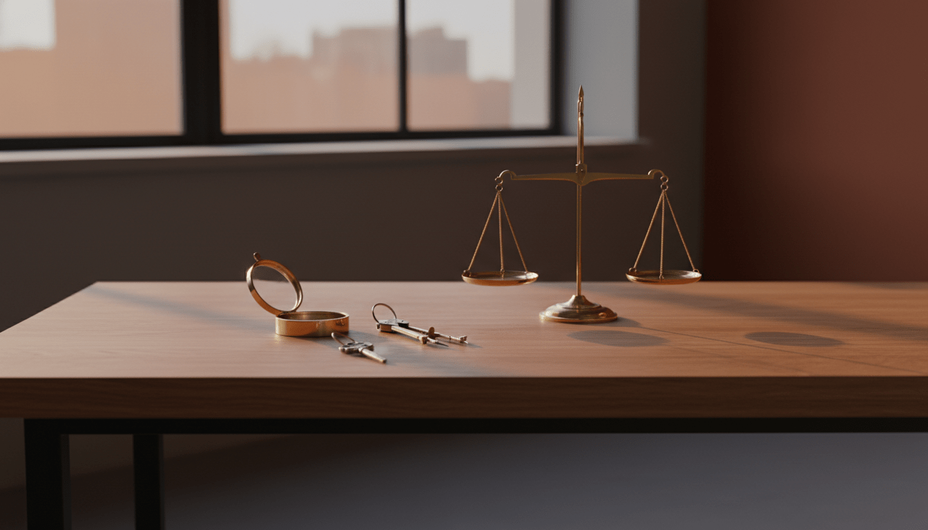 Representación visual de la regla 28/36 y el equilibrio financiero mediante una brújula y una balanza en un escritorio moderno.