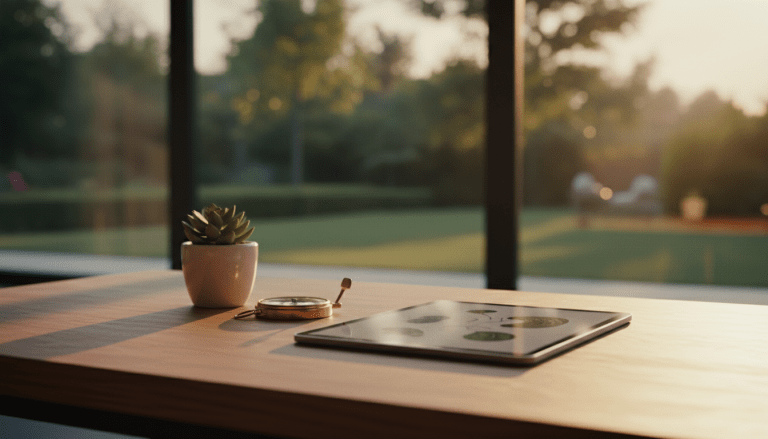 Escritorio ordenado con brújula y planta simbolizando la revisión mensual del presupuesto y la libertad financiera.