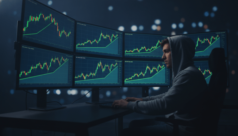 Inversor minorista frente a pantallas con gráficos bursátiles alcistas en una habitación oscura, representando el fenómeno de GameStop.