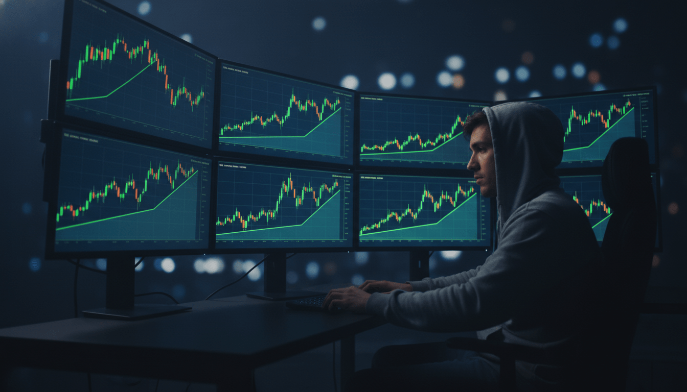 Inversor minorista frente a pantallas con gráficos bursátiles alcistas en una habitación oscura, representando el fenómeno de GameStop.