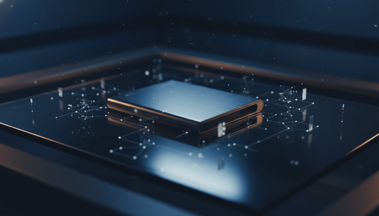 Dispositivo de hardware wallet de alta tecnología sobre superficie de cristal con efectos visuales de seguridad blockchain