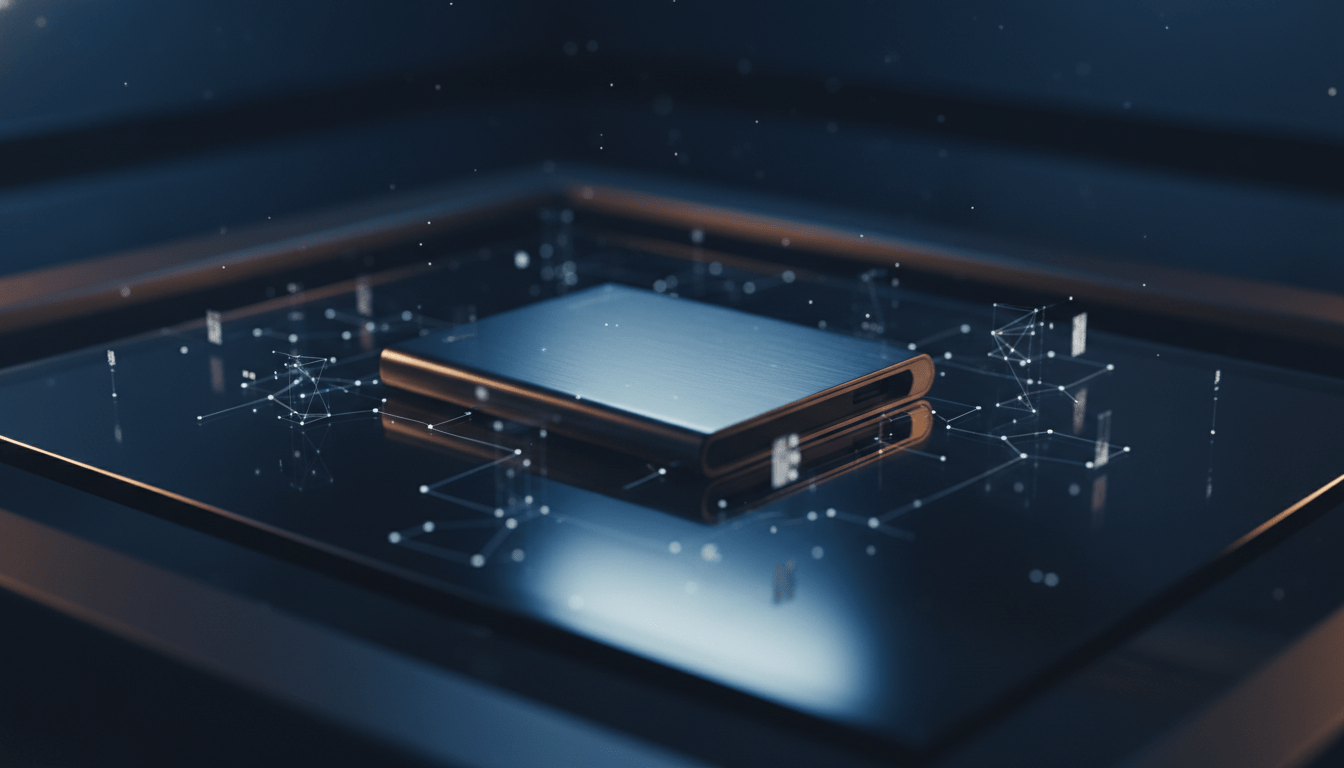 Dispositivo de hardware wallet de alta tecnología sobre superficie de cristal con efectos visuales de seguridad blockchain