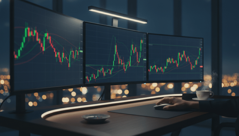 Persona practicando en un simulador de bolsa con monitores que muestran gráficos financieros en un escritorio moderno.
