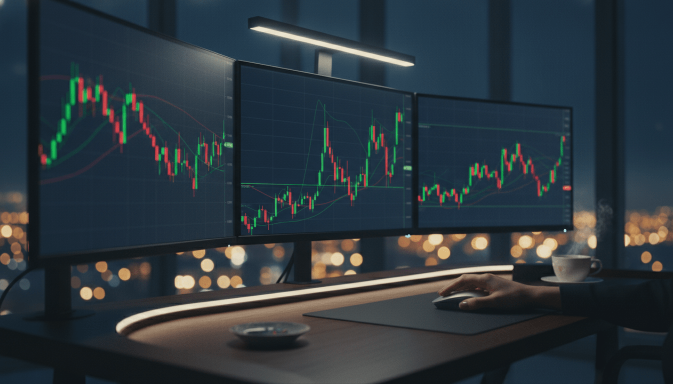 Persona practicando en un simulador de bolsa con monitores que muestran gráficos financieros en un escritorio moderno.