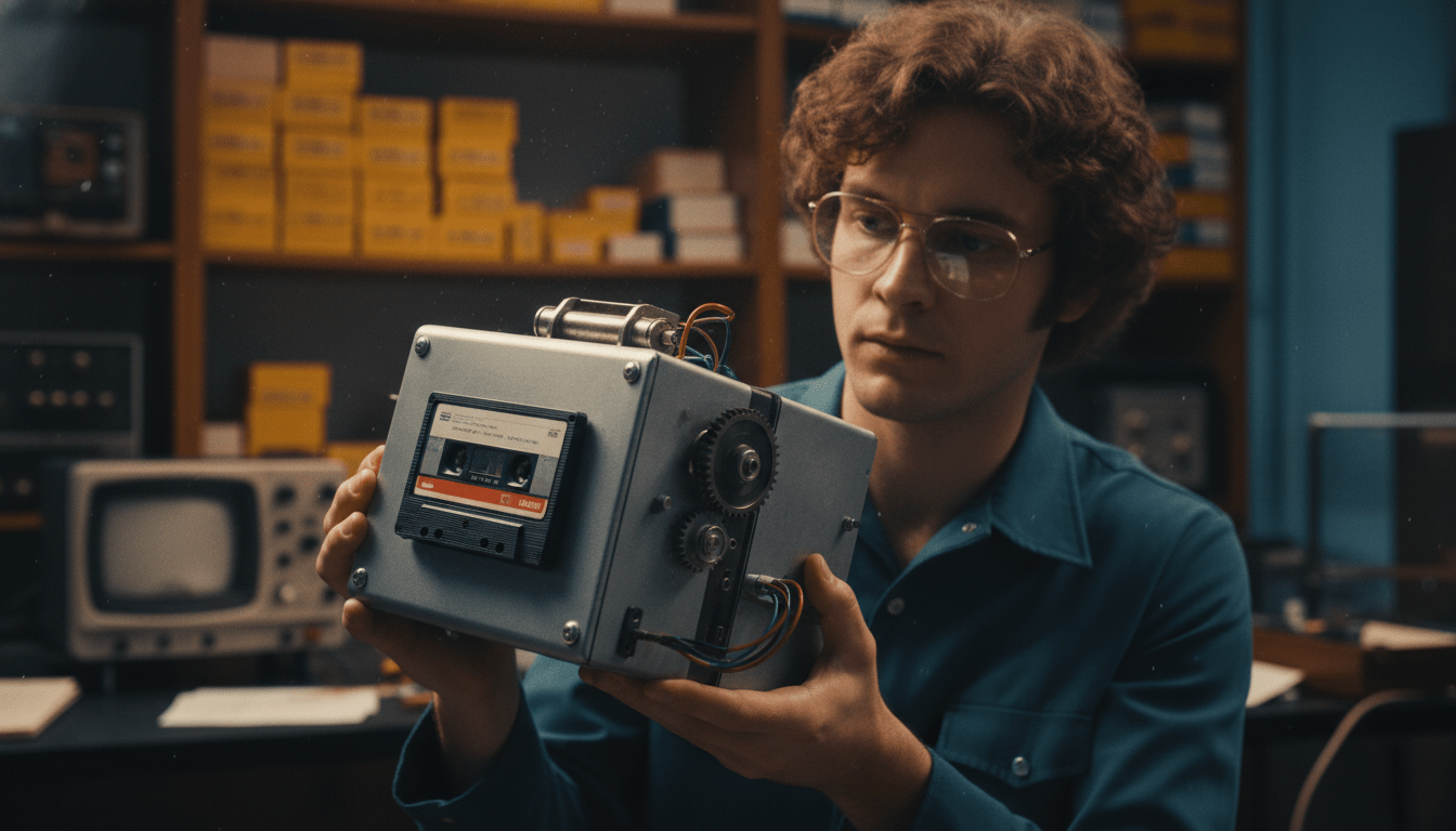 Steve Sasson sosteniendo el primer prototipo de cámara digital de 1975 en un laboratorio de Kodak