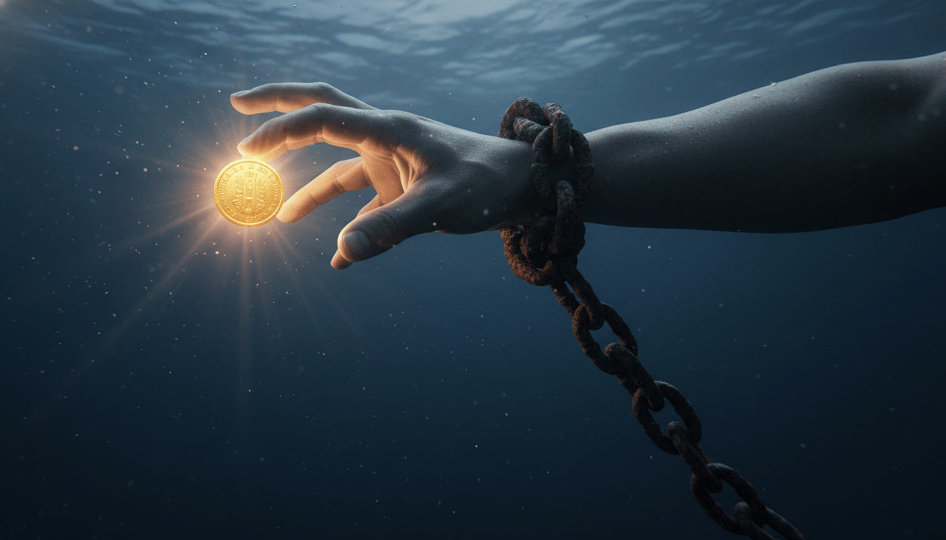 Mano bajo el agua tratando de alcanzar una moneda brillante mientras una cadena pesada la arrastra, simbolizando la trampa de los préstamos de día de pago.
