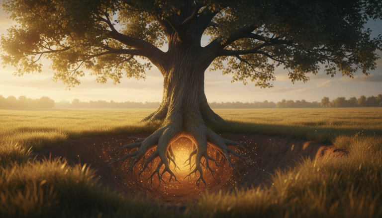 Metáfora visual del valor neto representado por un árbol robusto con raíces profundas y doradas bajo tierra.