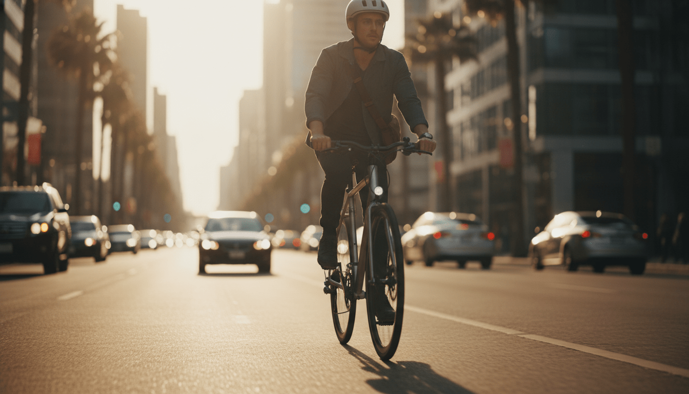 Ciclista urbano circulando por la ciudad como alternativa económica al coche para ahorrar en gastos de transporte.