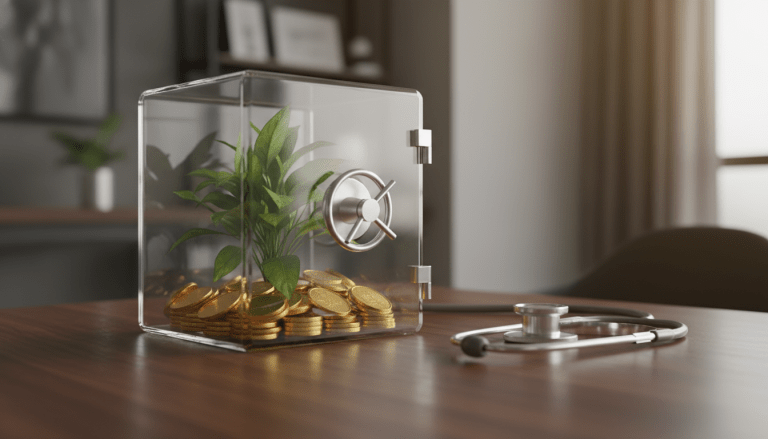 Caja fuerte de cristal con ahorros creciendo y un estetoscopio médico, representando la eficiencia de una cuenta HSA para gastos sanitarios.