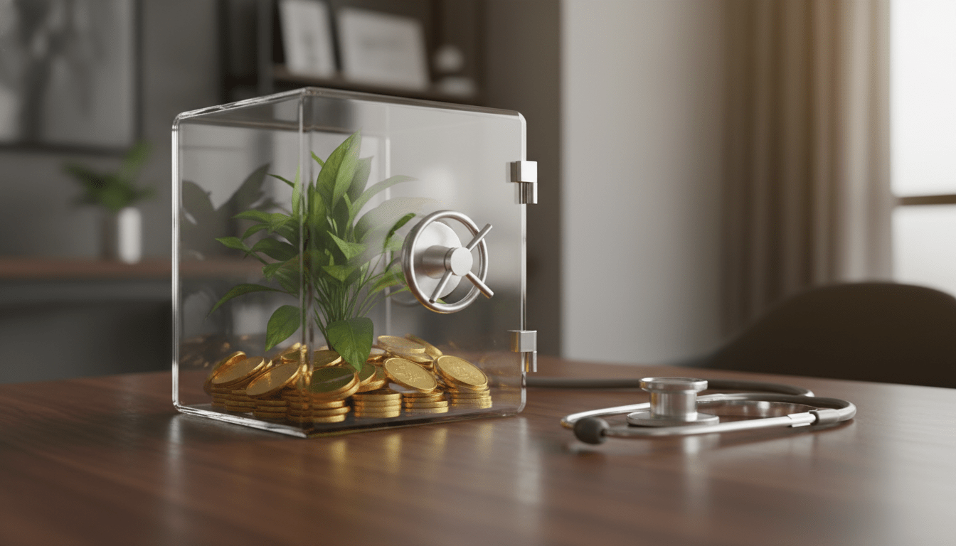 Caja fuerte de cristal con ahorros creciendo y un estetoscopio médico, representando la eficiencia de una cuenta HSA para gastos sanitarios.