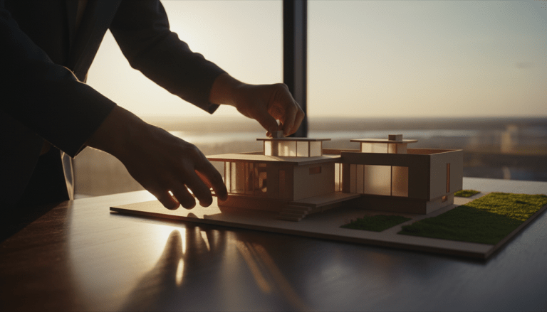 Persona diseñando una maqueta arquitectónica bajo luz cálida, representando la construcción de la libertad financiera y el presupuesto proactivo.