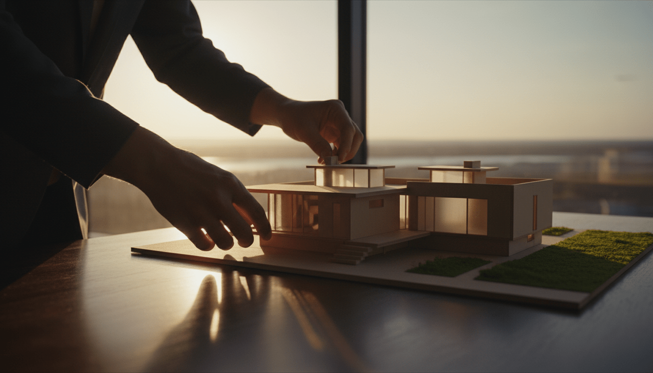 Persona diseñando una maqueta arquitectónica bajo luz cálida, representando la construcción de la libertad financiera y el presupuesto proactivo.