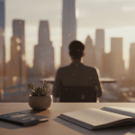 Persona planificando su futuro financiero frente a un ventanal con vista a la ciudad al atardecer