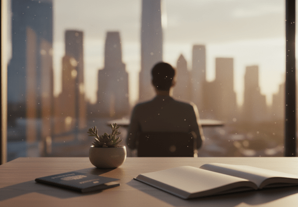 Persona planificando su futuro financiero frente a un ventanal con vista a la ciudad al atardecer