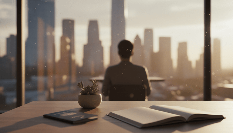 Persona planificando su futuro financiero frente a un ventanal con vista a la ciudad al atardecer