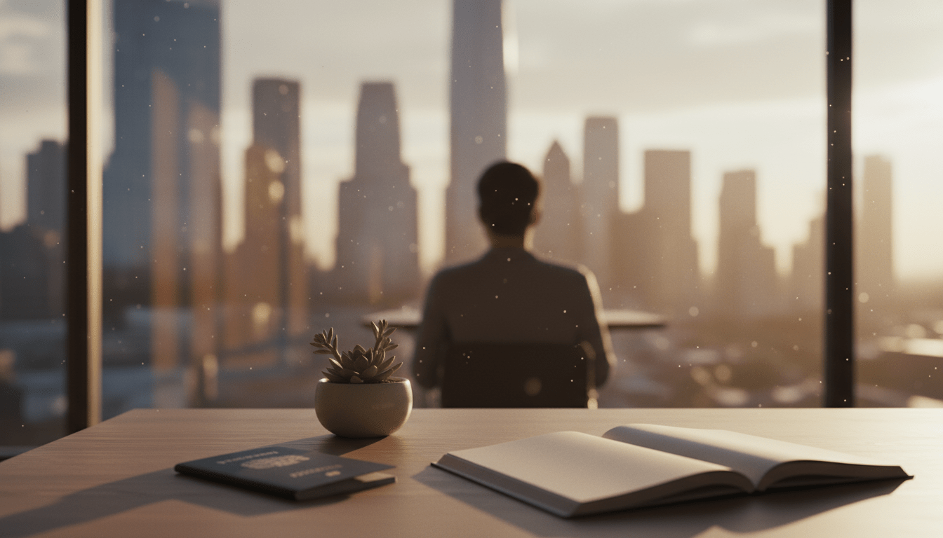 Persona planificando su futuro financiero frente a un ventanal con vista a la ciudad al atardecer