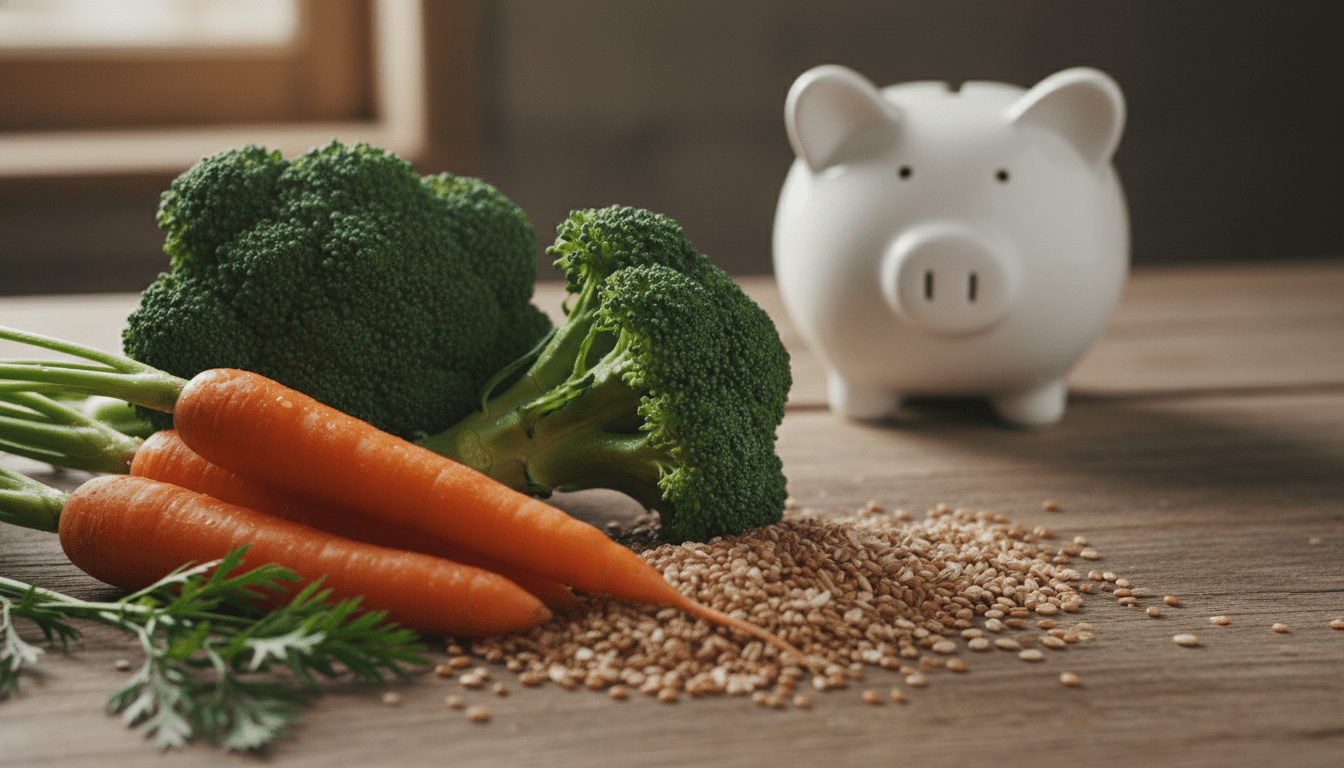 Vegetales frescos y saludables sobre una mesa de madera representando el ahorro en alimentación nutritiva.