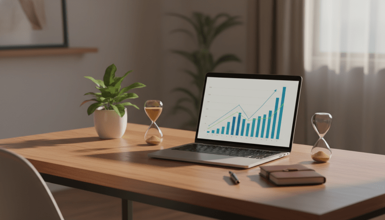 Escritorio organizado con gráficos de crecimiento financiero y una planta, representando la revisión anual del patrimonio neto y la libertad económica.