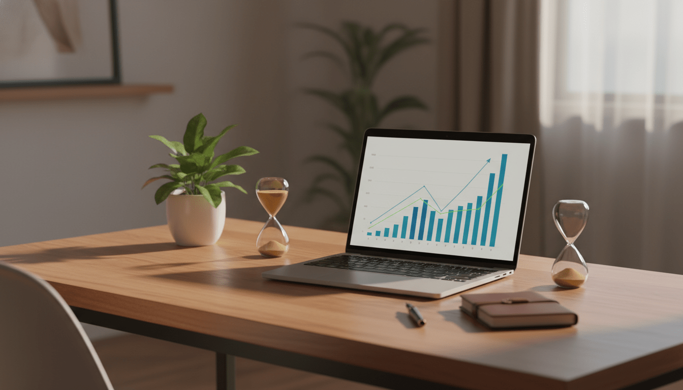Escritorio organizado con gráficos de crecimiento financiero y una planta, representando la revisión anual del patrimonio neto y la libertad económica.