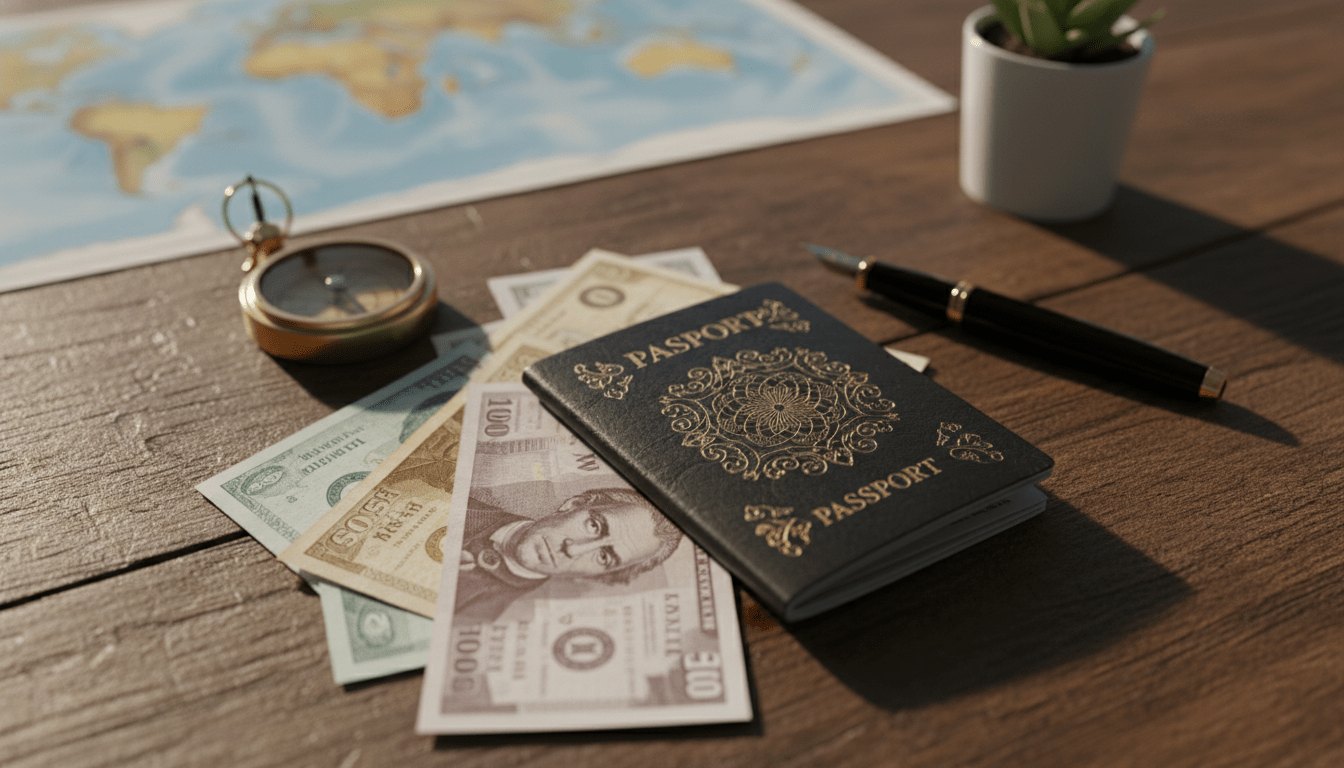 Pasaporte internacional con billetes y brújula sobre escritorio de madera, representando el presupuesto para trámites migratorios.