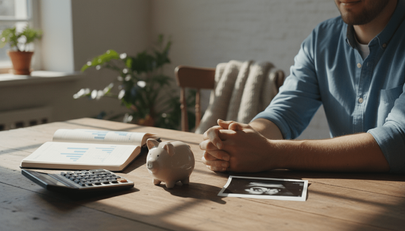Pareja planificando el presupuesto para tratamiento de fertilidad con una ecografía y calculadora sobre la mesa.