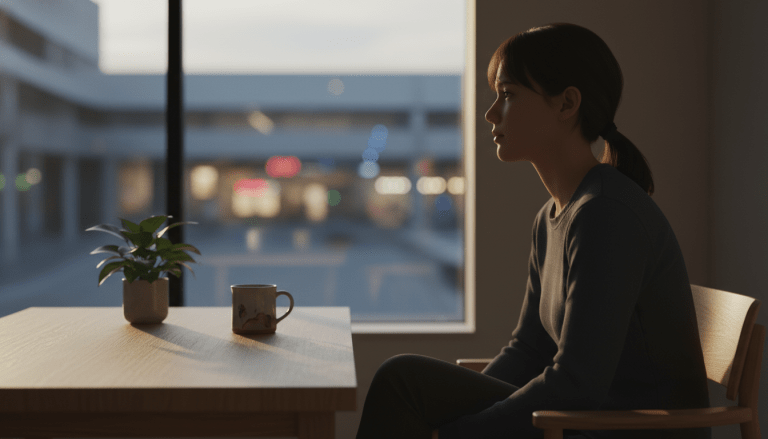 Persona practicando el consumo consciente en una habitación minimalista frente a luces de la ciudad desenfocadas, representando el desafío de no gastar.