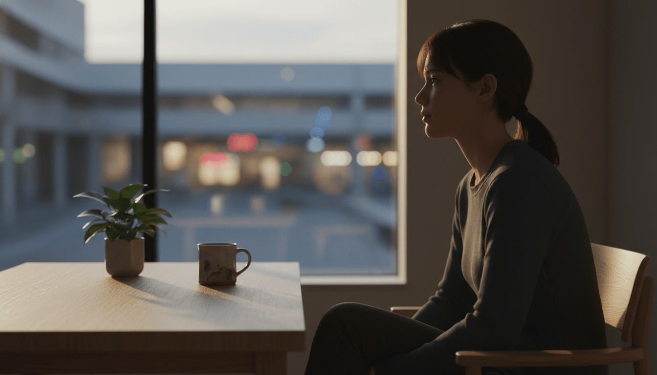 Persona practicando el consumo consciente en una habitación minimalista frente a luces de la ciudad desenfocadas, representando el desafío de no gastar.