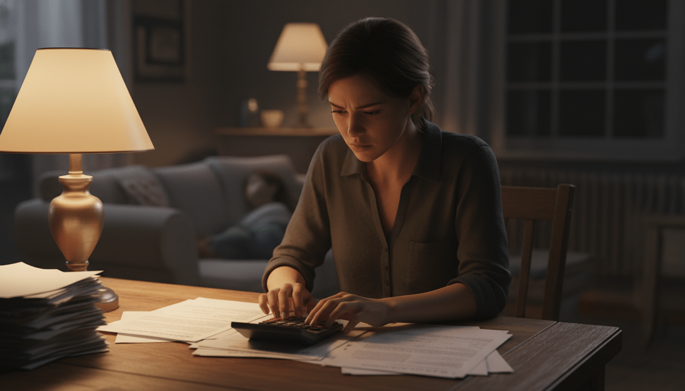 Madre soltera planificando el presupuesto familiar y el ahorro en un hogar monoparental bajo luz cálida