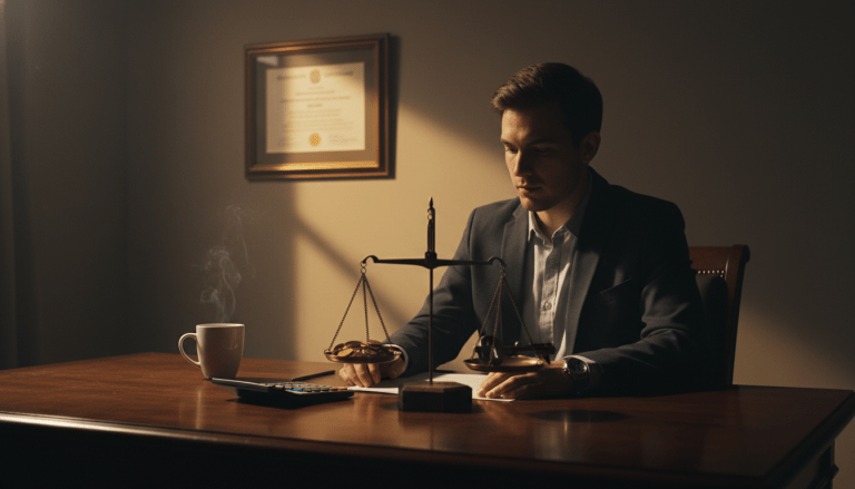 Joven profesional reflexionando frente a un diploma enmarcado y una balanza con monedas, representando la gestión de préstamos estudiantiles.